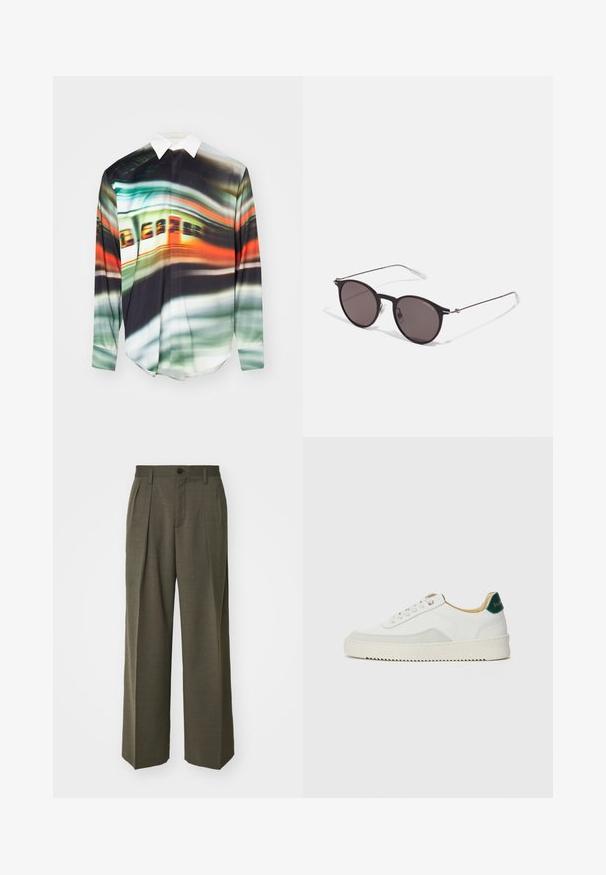 Long-sleeve shirt featuring a vibrant, abstract pattern with green, orange, and black hues. Collared design with a smooth, lightweight texture.; Filippa K WIDE TROUSERS - Trousers - driftwood; White sneaker with suede accents, rounded toe, flat laces, and a cream rubber sole. Features green branding on the heel.; Black round sunglasses with dark lenses and slim metal arms. Includes clear temple tips and silver accents at the hinge. Minimalist design.