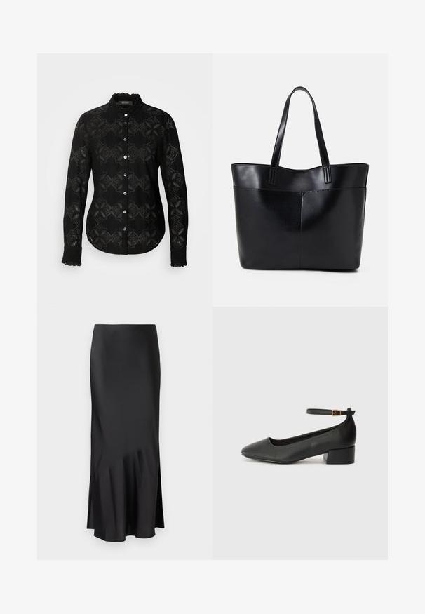 Mos Mosh SHIRT - Bluza s gumbima - black; Crna satenska midi suknja s elegantnim dizajnom, koja ima lagani izrez na rubu i bočni prorez za lakše kretanje. Glatka tekstura.; Crne kožne pumpe s oštrim vrhom i niskom blok petom. Sadrže remen oko gležnja s zlatnim kopčanjem. Glatka tekstura.; Crna kožna torba s dugim ručkama, glatkom teksturom i strukturiranim oblikom. Ima prednju džep za dodatno pohranu.