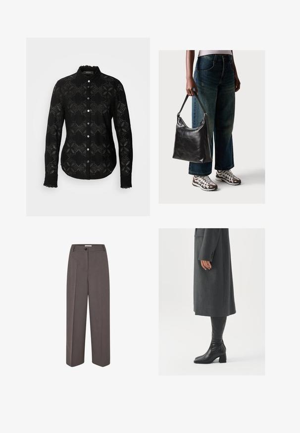 Mos Mosh SHIRT - Button-down blouse - black; Wide-leg, high-waist brown trousers with front pleats, belt loops, button closure, and a smooth fabric texture.; Gray, tailored overcoat with a straight cut; paired with knee-high black leather boots featuring a square toe and chunky heel.; Black leather shoulder bag with a smooth texture and adjustable strap, paired with faded wide-leg jeans and athletic sneakers.