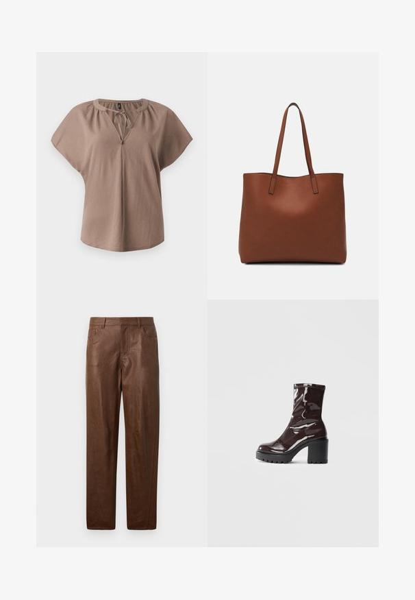 Brun kortermet bluse med V-hals, knyting og avslappet passform. Laget av myk stoff med en glatt tekstur og uten mønstre.; Brune skinnbukser med en jevn tekstur, rett ben design og to sidelommer. Har synlige sømdetaljer.; Glinsende burgunder ankelstøvel med en kraftig svart hæl, med en glatt tekstur og enkelt design. Ingen synlige lukkinger eller mønstre.; Brun lær tote veske med en jevn tekstur, åpen toppdesign og to skulderstropper. Har minimal søm og ingen synlige spiker.