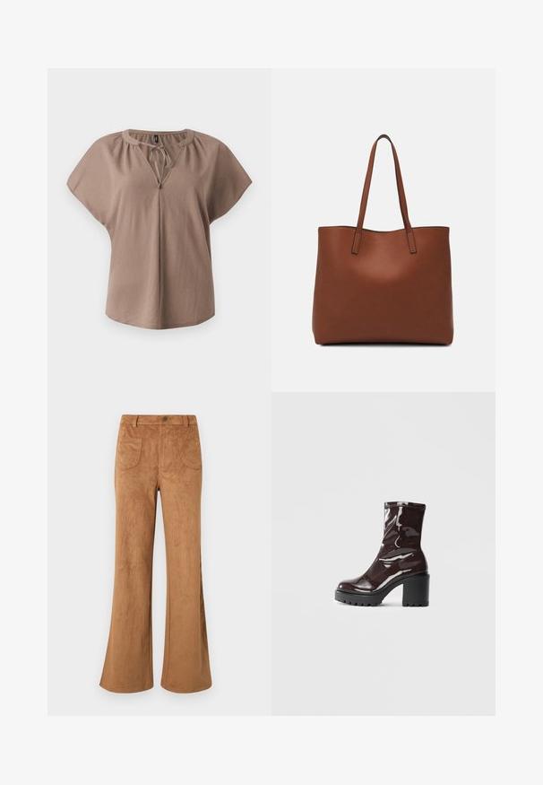 Smeđa bluzica s kratkim rukavima, V-izrezom, detaljem vezivanja i opuštenim krojem. Izrađena od mekanog materijala s glatkom teksturom i bez uzoraka.; Smeđe sued hlače sa širim donjim dijelom, visoki struk, prednji i stražnji džepovi, te glatka tekstura. Dizajnirane za opušteni kroj kroz cijelu nogu.; Sjajna burgundska čizma do gležnja s debelim crnim potplatom, koja se odlikuje glatkom teksturom i jednostavnim dizajnom. Nema vidljivih kopčanja ili uzoraka.; Smeđa kožna torba preko ramena s glatkom teksturom, otvorenim vrhom i dvjema naramenicama. Ima minimalne šavove i nema vidljivog hardvera.