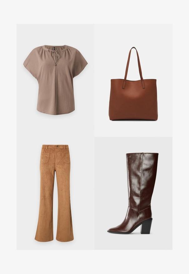 Blusa marrone a maniche corte con scollatura a V, dettaglio con nodo e vestibilità morbida. Realizzata in tessuto morbido con texture liscia e senza motivi.; Pantaloni svasati in suede marrone con vita alta, tasche anteriori e posteriori, e una texture liscia. Progettati per un fit rilassato lungo tutta la gamba.; Stivale alto in pelle marrone scuro con punta affilata e tacco a blocco, mostrato di lato su uno sfondo neutro.; Borsa tote in pelle marrone con texture liscia, design con apertura superiore e due spallacci. Presenta cuciture minime e nessun hardware visibile.