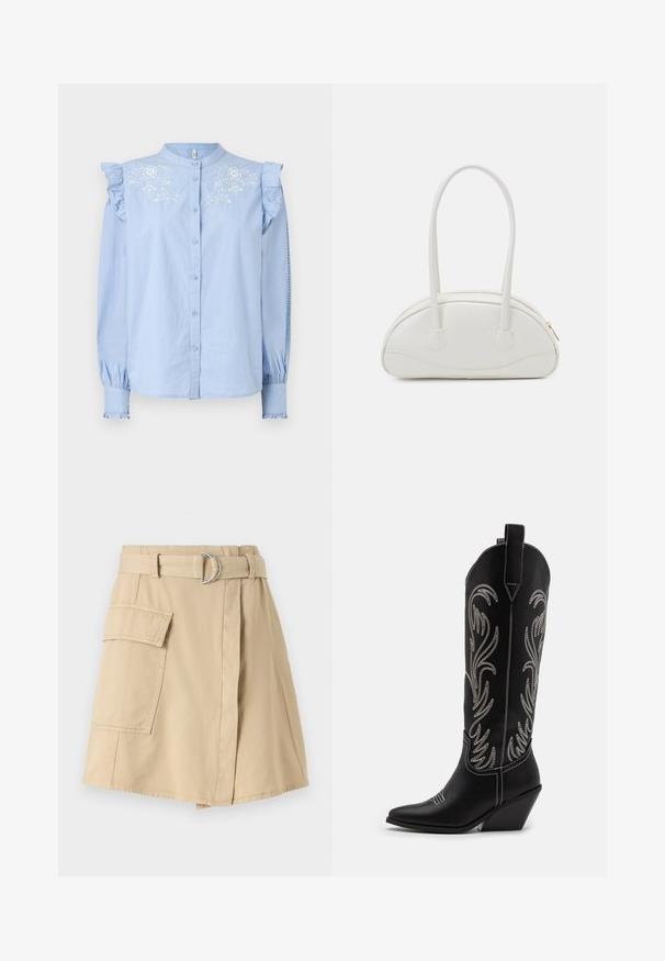 Light blue button-up shirt with ruffled shoulder detail and floral embroidery on the chest. Features long sleeves with gathered cuffs.; Beige cotton skirt with a side pocket, belted waist featuring a silver ring, and a slight A-line shape. Smooth texture and simple design.; Black leather cowboy boots with pointed toes, wedge heels, and silver embroidered floral patterns along the shaft. Contrast stitching throughout.; Even&Odd Handbag - off-white
