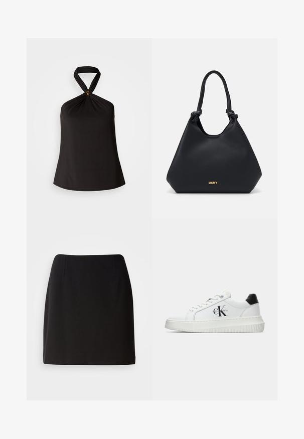 Crni halter top izrađen od glatke tkanine, s dizajnom uvijenog vrata i zlatnim ukrasom na sredini. Jednostavan, lepršav silueta.; Crna suknja s prilagođenim siluetom, izrađena od glatkog materijala. Ima suptilne prednje nabore i dizajn do sredine butina.; Bijeli niskotoperani tenisice s crnom petom, platformom, vezicama i "CK" logotipom Calvin Kleina sa strane.; Crna kožna torba koja ima teksturiranu završnu obradu, ručke s čvorovima i zlatni logotip na dnu. Ima opuštenu siluetu.