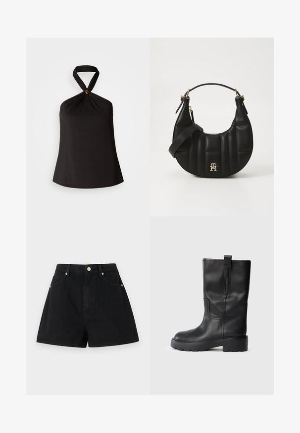 Fekete pánt nélküli felső sima anyagból, csavarodott nyakdizájnnal és dekoratív arany kiegészítővel a középen. Egyszerű, lágy vonalvezetés.; Fekete farmer rövidnadrág magas derékkal, öt zsebbel, ezüst kiegészítőkkel és standard szabással, sima textúrával és letisztult kidolgozással.; Fekete bőr, térd fölé érő csizmák, amelyek karcsú dizájnnal rendelkeznek, vastag talppal és oldalsó húzópánttal a könnyű felvételhez. Figyelemre méltó varrási részletek.; Fekete bőrtáska ívelt formával, steppelt textúrával és arany hardware-rel. Levehető vállpánttal és logó részlettel rendelkezik.