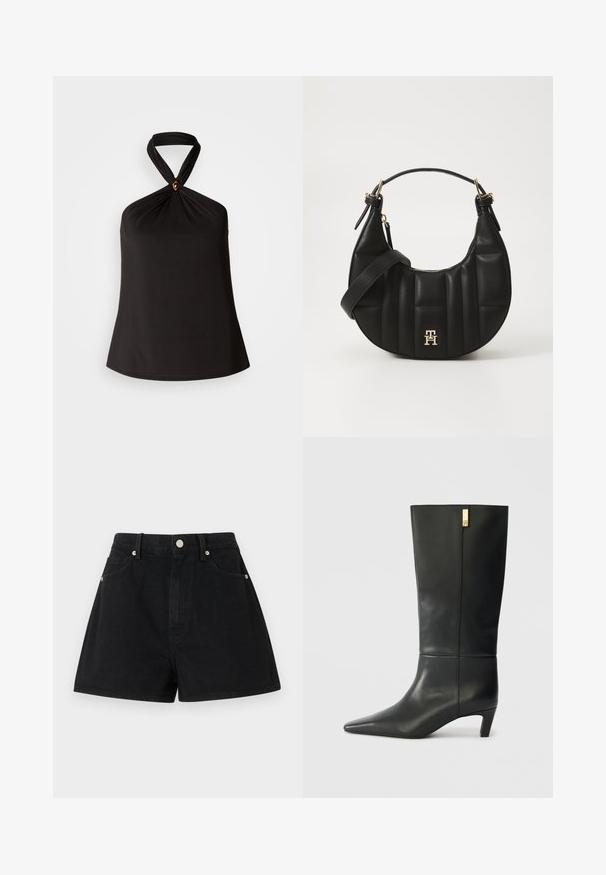 Black halter top made from smooth fabric, featuring a twisted neck design and a decorative gold accent at the center. Simple, flowing silhouette.; Black denim shorts with a high waist, five pockets, silver hardware, and a standard fit, featuring a smooth texture and clean finishing.; Black leather knee-high boot with a pointed toe and a small heel. Features a sleek design with a gold accent detail. Smooth texture.; Black leather handbag with a curved shape, quilted texture, and gold hardware. Features a detachable shoulder strap and logo detail.
