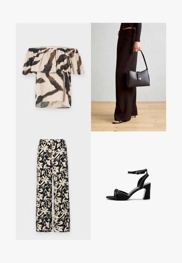 Vállnélküli felső, könnyű anyagból készült, bézs alapszínű, barna és fekete absztrakt állatmintával, fodros díszítéssel.; Fekete, bő szárú nadrág krém színű virágmintával. Könnyű anyagból készült, sima tapintású és magas derékrésszel rendelkezik.; Fekete velúr magassarkú szandál széles tömbsarkal, állítható boka hevederrel, nyitott orral és kontrasztos varrással.; Fekete kézi táska strukturált formával, sima textúrával és fémből készült záródással. Széles fekete nadrággal és nyitott orrú szandállal párosítva, fából készült padlón.
