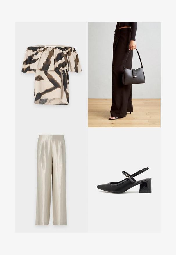 Off-the-shoulder top iz lahkega materiala, z bež osnovo in rjavimi ter črnimi abstraktnimi živalskimi vzorci ter nabranimi poudarki.; Hlače iz svetlega bež satenskega materiala z gladko teksturo, ki imajo visok pas, široke hlačnice in subtilne naborke za dodatne podrobnosti.; Črne patentne usnjene salonarce s slingback obliko, s koničastim nosom, zaobljenim izrezom in blok peto. Imajo zlato kovinsko zaponko kot dodatno okrasje.; Črna torbica z strukturirano obliko, gladko teksturo in kovinskim zaponko. Ujemajo se z širokimi črnimi hlačami in odprtimi sandali na lesenem tleh.
