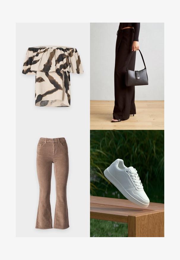 Top ar atvērtām plecu daļām, izgatavots no viegla auduma, ar beežu pamatni, brūnu un melnu abstraktu dzīvnieku rakstu un volānu akcentiem.; Brūni kordūrveida izspiedumi ar ribota tekstūru, ar augsto jostasvietu, piecām kabatām un priekšējo pogu aizdari.; Baltie sporta apavi ar gludu sintētisku augšpusi, perforētu pirkstu daļu, plakani šņorēm un rakstainu zoli, novietoti uz koka virsmas.; Melnā somiņa ar strukturētu formu, gludu tekstūru un metālu sprādzi. Saskaņota ar platām melnām biksēm un sandālēm ar atvērtu purngalu uz koka grīdas.