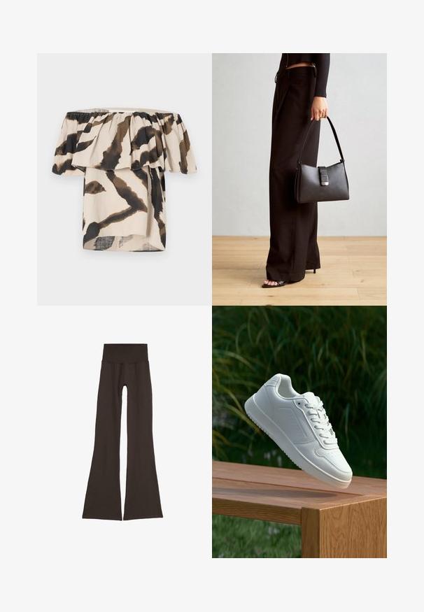 Off-shoulder toppi, joka on valmistettu kevyestä kankaasta. Sen vaalea peruspohja on koristeltu ruskealla ja mustalla abstraktilla eläinkuosilla ja röyhelökoristeilla.; Tummanruskeat leveät leggingsit, joissa on leveä, ribbikuvioitu vyötärönauha. Valmistettu pehmeästä ja joustavasta materiaalista, jossa on saumaton muotoilu ja ilman näkyviä kiinnikkeitä.; Valkoiset tennarit, joissa on sileä synteettinen päällinen, rei'itetty varvasosa, litteät nauhat ja teksturoitu pohja, esillä puupinnalla.; Musta käsilaukku, jossa on rakenteellinen muoto, sileä pinta ja metallinen solki. Yhdistetty leveisiin mustiin housuihin ja avonaiheisiin sandaaleihin puulattialla.