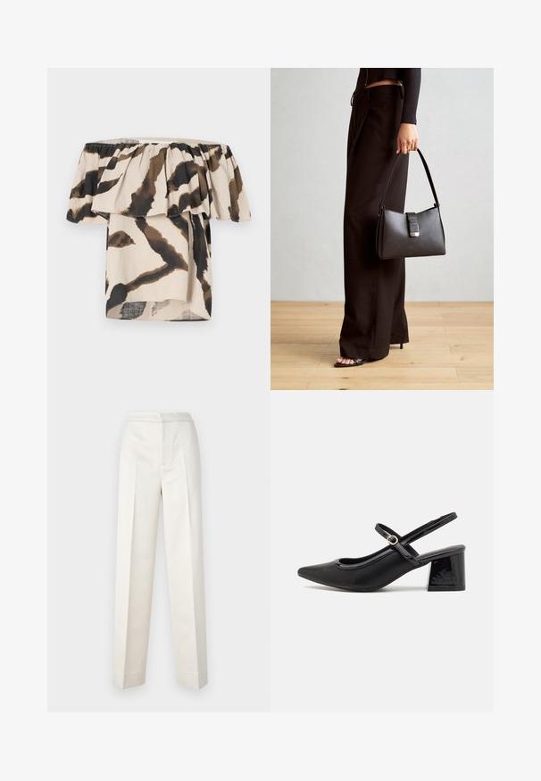 Schulterfreies Oberteil aus leichtem Stoff, mit beigem Grundton und braunem sowie schwarzem abstraktem Tiermuster sowie Rüschendetails.; Cremfarbene Hosen mit figurbetonter Passform, gerader Beine, glattem Stoff, vorderen Falten und sauberem Saum. Minimalistisches Design.; Schwarze Lackleder-Slingback-Absätze mit spitzer Zehenform, einem runden Ausschnitt-Design und einem Blockabsatz. Mit einem goldfarbenen Schnallenakzent.; Schwarze Handtasche mit strukturierter Form, glatter Textur und einem metallischen Verschluss. Kombiniert mit weiten schwarzen Hosen und offenen Sandalen auf einem Holzboden.