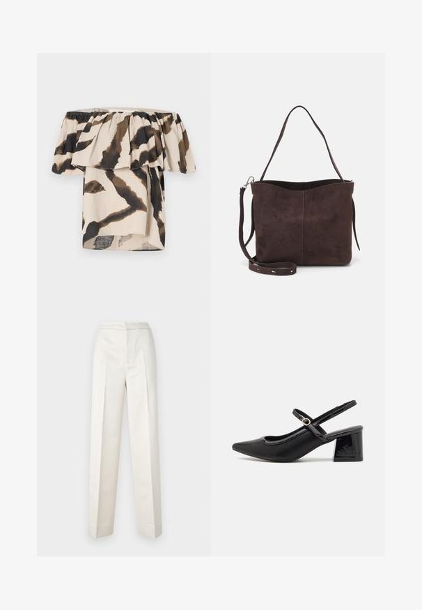 Top s odhalenými ramenami vyrobený z ľahkej tkaniny, s béžovým základom a hnedým a čiernym abstraktným zvieracím motívom a volánovými akcentmi.; Krémoé nohavice s prispôsobeným strihom, rovné nohavice, hladká tkanina, predné záhyby a čistý lem. Minimalistický dizajn.; Čierne lakované kožené lodičky so slingback dizajnom, špicatou špičkou, zaobleným výrezom a blokovým podpätkom. Obsahuje akcent zlatého tónu s prackou.; Hnedá semišová taška s mäkkou textúrou, vybavená jedným ramenným popruhom a jemne zakriveným horným otvorom. Bez viditeľných hardvérových detailov.
