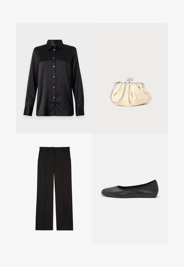 Sort satin langærmet skjorte med krave, frontlukning med knapper og enkeltknap til manchetterne. Glat tekstur med en let afslappet pasform.; Sorte skræddersyede bukser lavet af et glat stof, med et lige ben-design og to sidelommer. Elegant og minimalistisk konstruktion.; Sort læderballetsko med rund tå, glat tekstur, minimal syning og et fleksibelt såldesign.; Plisseret beige læderclutch med en sølvmetalramme, der har to runde dekorative låse og en sølvkædetrasporte.