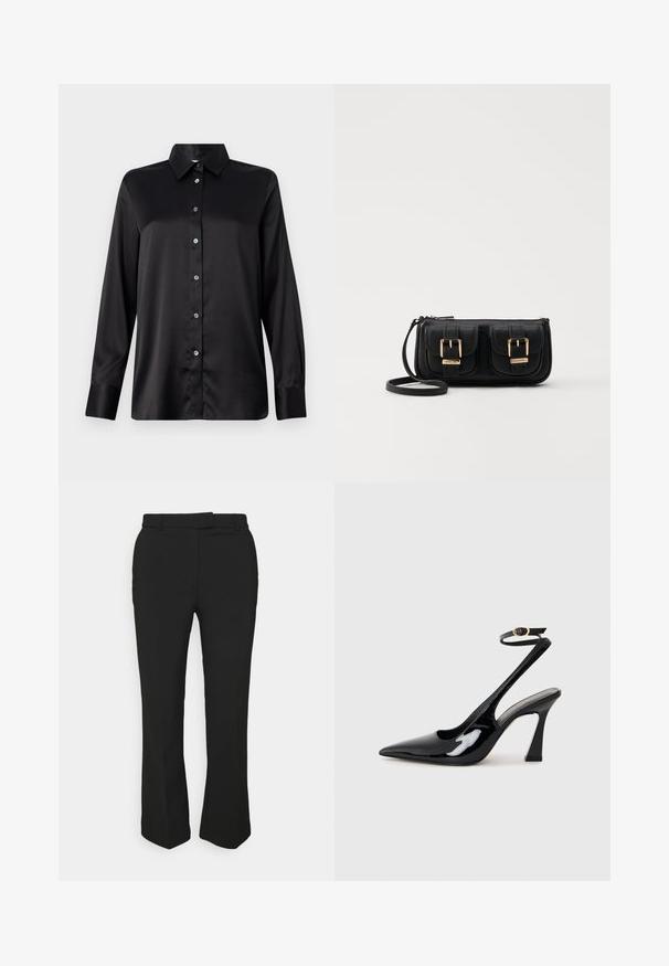 Svart satin långärmad skjorta med krage, knappstängning framtill och enkel knapp vid ärmslutet. Slät textur med en något avslappnad passform.; Svarta skräddarsydda byxor med rak benform, med bälteshällor och sidofickor. Tillverkade av ett mjukt tyg med en ren finish.; Svart patentläder slingback högklackade skor med spetsig tå, justerbar ankelsnodd och en måttlig blockklack. Slät yta med glansig finish.; Svart läderaxelväska med två framfickor, guldspännen, dragkedjestängning och en smal rem. Texturerad yta och kompakt rektangulär form.