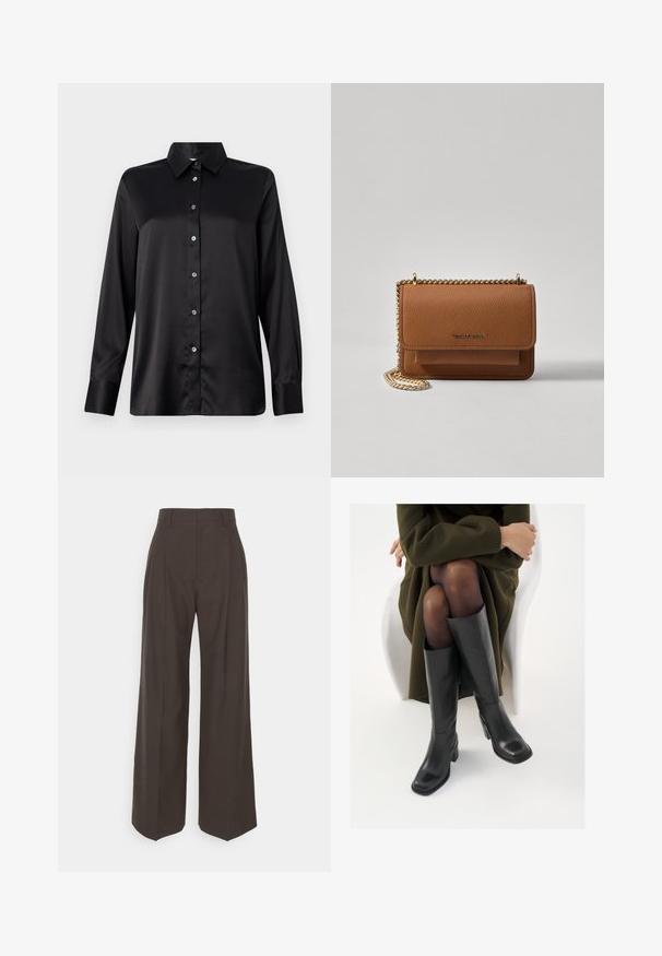 Svart sateng skjorte med lange ermer, krage, frontlukking med knapper og enkel knapp ved ermene. Glatt tekstur med en lett avslappet passform.; Mørkebrun vidde bukser med høy midje, utstyrt med pent pressede folder, glatt tekstur og skreddersydd passform.; Knæhøye sorte lærstøvler med firkantet tå og blokkhelt, vist med en modell som sitter iført en olivengrønn kåpe. Glatt tekstur, minimal detaljering.; Brun teksturert lær crossover-veske med gullkjede-stropp og klaffelukking. Fronten har logo-detalj og en lomme under klaffen.