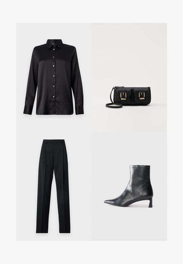 Must musta pikkade varrukatega särk, krae ja ees nupuga kinnitamisega, ühetise nupuga mansetid. Sile tekstuur ja veidi vaba lõikega.; Mustad püksid siledast kangast, millel on kõrge vöökoht, laiad jalad, esimesed kortsud ja klassikalised vööloopid. Küljepockets pole nähtavad.; Mustad mustall nahkasaabas terava nina ja stiilse disainiga. Omab madalat konts ja luku sulgemist taga. Sile tekstuur.; Must küllastamata nahast õlakott, millel on kaks esist nähtavat taskut, kuldsed pandlad, tõmblukuga sulgemine ja peen rihm. Tekstuuriga pind ja kompaktne ristkülikukujuline kuju.