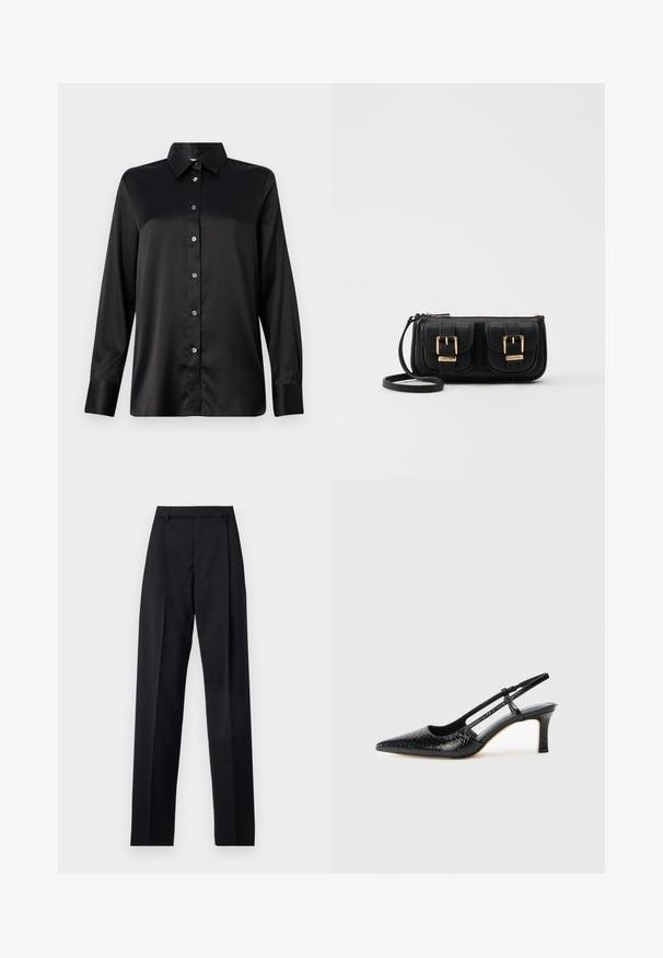Camisa negra de satén de manga larga con cuello, cierre frontal de botones y puños con un solo botón. Textura suave con un ajuste ligeramente relajado.; Pantalones negros de tela suave con cintura alta, piernas amplias, pliegues frontales y lazos de cinturón clásicos. No hay bolsillos laterales visibles.; Tacón slingback negro de charol con punta afilada, que presenta un estampado de serpiente texturizado, correa ajustable y un tacón bloque corto y texturizado.; Bolso cruzado de cuero negro con dos bolsillos frontales, hebillas doradas, cierre de cremallera y una correa delgada. Superficie texturizada y forma rectangular compacta.
