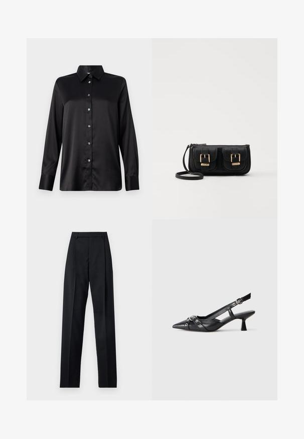 Schwarzes Satin-Hemd mit langen Ärmeln, Kragen, Knopfverschluss vorne und Ein-Knopf-Manschetten. Glatte Textur mit einem leicht lockeren Schnitt.; Schwarze Hosen aus glattem Stoff mit hoher Taille, weitem Bein, vorderen Falten und klassischen Gürtelschlaufen. Keine sichtbaren Seitentaschen.; Schwarzer Leder-Slingback-Schuh mit spitz zulaufender Zehenpartie, dekorativen Riemen mit METALLÖSEN und niedrigem Blockabsatz. Strukturelle Oberfläche.; Schwarze Leder-Umhängetasche mit zwei vorderen Taschen, goldenen Schnallen, Reißverschluss und einem schmalen Tragegurt. Texturierte Oberfläche und kompakte rechteckige Form.