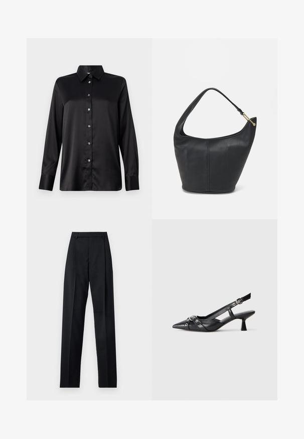 Camicia nera in satin a maniche lunghe con colletto, chiusura frontale a bottoni e polsini a singolo bottone. Texture liscia con vestibilità leggermente rilassata.; Pantaloni neri realizzati in tessuto morbido, caratterizzati da vita alta, gambe larghe, pince frontali e classiche passanti per cintura. Non ci sono tasche laterali visibili.; Scarpa slingback nera in pelle con punta affusolata, cinturini decorativi con occhielli metallici e tacco basso a blocco. Superficie testurizzata.; Borsa a tracolla in pelle nera con forma arrotondata, una tracolla ampia e una finitura testurizzata. Presenta un dettaglio di cucitura discreto e un dettaglio in metallo dorato.