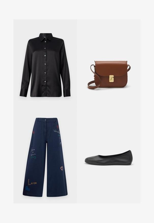 Camicia nera in satin a maniche lunghe con colletto, chiusura frontale a bottoni e polsini a singolo bottone. Texture liscia con vestibilità leggermente rilassata.; Pantaloni a gamba larga blu navy in cotone con molteplici tasche. Presentano testi e grafica ricamati colorati, inclusi cuori e frasi giocose.; Pantofole da balletto nere in pelle con punta arrotondata, texture liscia, dettagli di cucitura minimi e design con suola flessibile.; Borsa a tracolla in pelle marrone con chiusura a pattina, hardware color oro, tracolla e una finitura liscia. Forma rettangolare compatta.