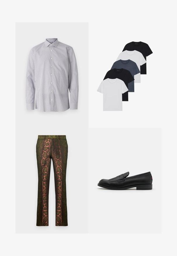Bílá košile s dlouhým rukávem a černým geometrickým vzorem, s klasickým límcem, knoflíkovou légou a měkkou bavlněnou tkaninou.; Sada pěti triček v černé, bílé a námořnické modré barvě. Bavlněná tkanina, krátké rukávy, kulatý límec a hladký povrch bez vzorů.; Zelené kalhoty s potiskem hada v odstínech hnědé a oranžové, rovného střihu a hladké textury.; Černé kožené mokasíny s hladkým povrchem, kulatou špičkou a malým dekorativním klopou. Mají nízký stočený podpatek a decentní branding.