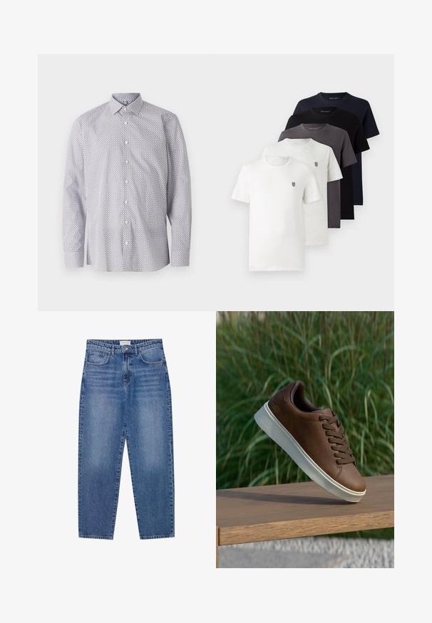 Biała koszula z długim rękawem z czarnym geometrycznym wzorem, z klasycznym kołnierzykiem, zapięciem na guziki i miękkim bawełnianym materiałem.; Pięć bawełnianych t-shirtów z krótkim rękawem w kolorach białym, jasnoszarym, ciemnoszarym, granatowym i czarnym, z małym logo na piersi.; Niebieskie dżinsy o wysokim stanie, prostym kroju nogawki i wyblakłym wykończeniu. Posiadają pięć kieszeni i zapięcie na guzik.; Brązowe skórzane sneakersy z białą gumową podeszwą, okrągłym noskiem i brązowymi sznurówkami. Teksturowany uchwyt na podeszwie i gładkie wykończenie na górze.