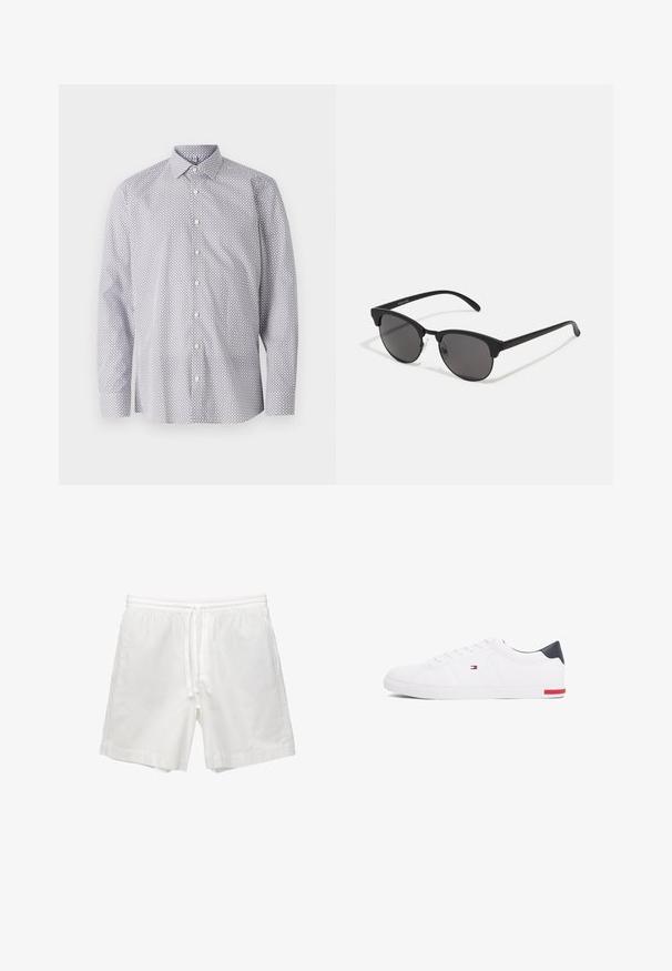 Biele tričko s dlhým rukávom a čiernym geometrickým vzorom, so klasickým golierom, zapínaním na gombíky a mäkkou bavlnenou tkaninou.; Biele bavlnené šortky s elastickým pásom a šnúrkou, bočnými vreckami a rovným strihom so zaoblenými okrajmi.; Biele nízkoprevádzkové tenisky vyrobené z hladkej kože. Majú námornícke zadočnú časť a červený akcent na podrážke. Šesť dierok na šnúrky.; Čierne slnečné okuliare s okrúhlymi šošovkami, matným povrchom a charakteristickým tvarom mačacích očí. Úzke ramená s nenápadným brandingom na ľvom chráničku.