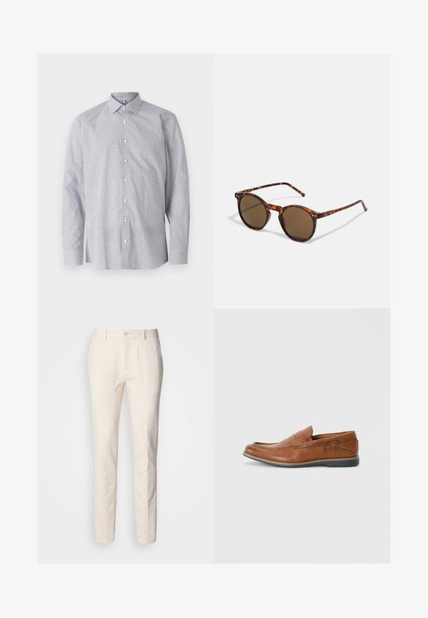 Pitkähihainen valkoinen paita mustalla geometrisella kuviolla, jossa on klassinen kaulus, nappilista ja pehmeä puuvillakangas.; Vaaleanbeige, muotoillut housut, jotka on valmistettu pehmeästä kankaasta. Varustettu napp closurella, vyölenkeillä ja kapealla, suoralinjaisella designilla, jossa on minimaalinen kuvio.; Ruske nahkakengät, joissa on pyöreä kärki, ommeltuja yksityiskohtia ja matala kumipohja. Suunnittelussa on yläosaa kiertävä nauha.; Pyöreät aurinkolasit, joissa on kilpikonnakuviot ja ruskeat linssit. Ominaisuuksiin kuuluu ohuet sangan osat, joissa on lievää tekstuuria ja metallielementtejä linssien lähellä.