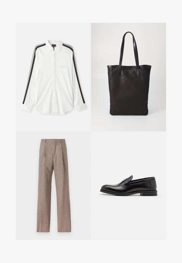 Valge nööbideta särk mustade ja beežide triipudega varrukatel, terav krae ja tikitud brändi logo rinnal.; Prunnid, kõrge vöökohaga püksid, mis on valmistatud tekstureeritud kangast. Omavad laiu jalgu ja kahte eesmist voldikut struktuuri jaoks. Korralik viimistlus, ilma nähtava riistvarata.; Mustad mustad nahast loafers sileda tekstuuriga, ümarat ninaosa ja dekoratiivne riba vampi üle. Madal kihiline konts, minimalistlik disain.; Mustmust kott mustade nahkade käepidemetega. Lihtne disain, avar keha ja sile tekstuur. Pole nähtavaid logosid ega mustreid.