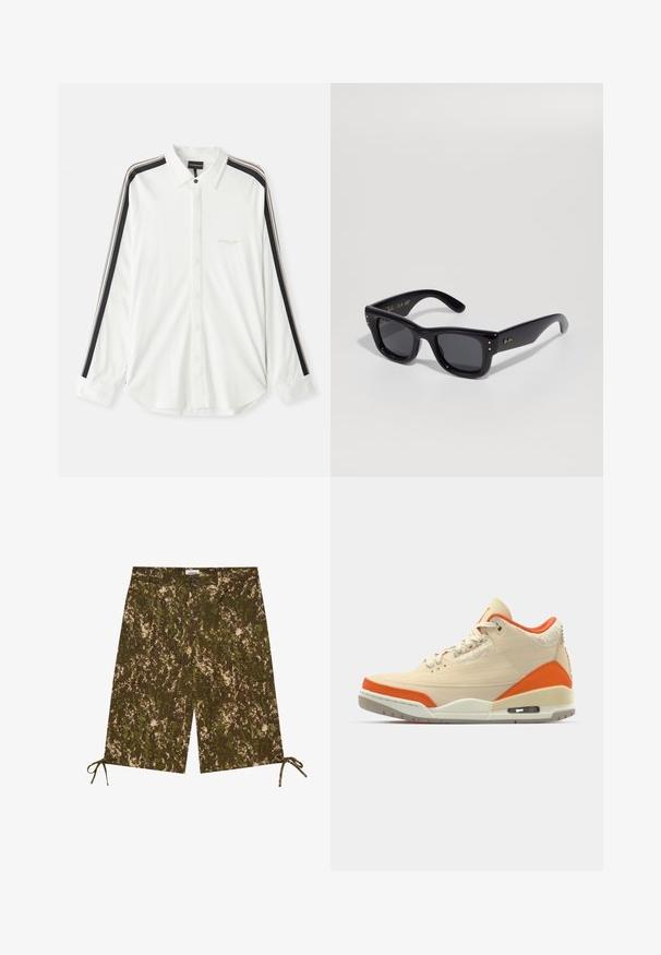 Camicia bianca con bottoni, maniche a strisce nere e beige, colletto appuntito e logo del marchio ricamato sul petto.; Pantaloni corti con motivo camouflage in tonalità di verde e marrone, realizzati in un materiale leggero, dotati di tasche laterali e lacci regolabili all'orlo.; Sneaker beige con accenti arancioni, tomaia in tela, dettagli testurizzati sul tallone e un'unità d'aria visibile nella suola.; Occhiali da sole neri con finitura lucida, montatura rettangolare, lenti scure e accenti del logo dorati sulle tempie. Due punti dorati su ciascun angolo anteriore.; Borsa a tracolla nera in nylon con patta frontale, tracolla regolabile e fibbia in plastica. Presenta un marchio testurizzato sulla tracolla e sul corpo.