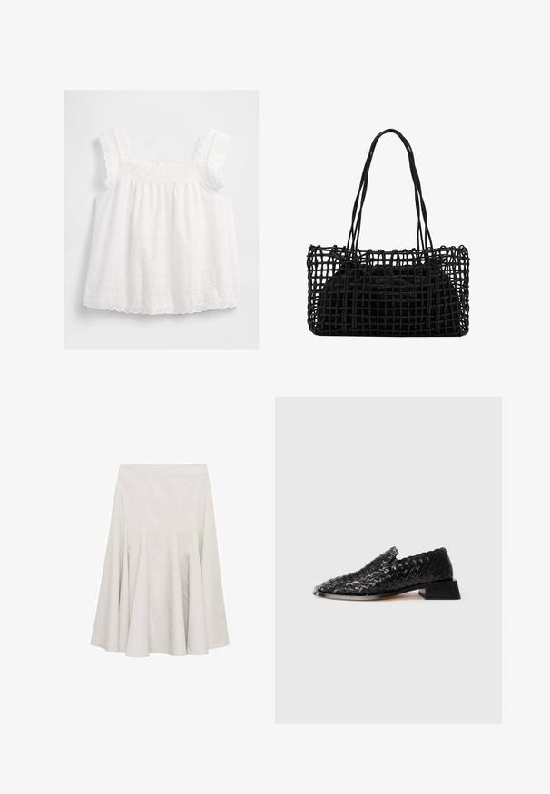 Bijela bezrukavna majica s volanima na naramenicama, vezenim cvjetnim uzorcima i valovitim rubom. Napravljena od lagane tkanine s opuštenim krojem.; Suknja u boji kreme s raširenim krojem, izrađena od glatkog materijala, s naborima za volumen i jednostavnim, neukrašenim dizajnom.; Crne kožne pletene cipele za nošenje bez vezanja s niskim blok potplatom i detaljem s valovima, prikazane na bijeloj pozadini.; Crna tkana torba s otvorenim mrežastim dizajnom i dvije duge ručke. Sadrži čvrstu crnu unutarnju torbu za pohranu.