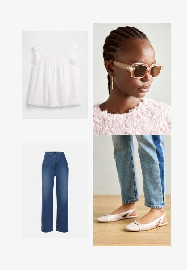 Weißes ärmelloses Oberteil mit Rüschenträgern, bestickten Blumenmustern und gewelltem Saum. Hergestellt aus leichtem Stoff mit lockerer Passform.; Hochgeschnittene Jeans aus Denim in mittlerem Blau. Besitzt auffällige Knopfdetails vorne und einen weit geschnittenen Stil. Der Stoff hat eine glatte Textur mit leichten Ausbleichungen.; Blassrosa Slingback-Ballerinas mit spitzem Punkt, aus einem glatten, lederähnlichen Material. Mit Ausschnitten an den Seiten und einem flachen Absatz.; Beige übergroße Sonnenbrille mit klarem Rahmen und braun getönten Gläsern, die subtile florale Akzente und ein mutiges, geometrisches Design aufweist.