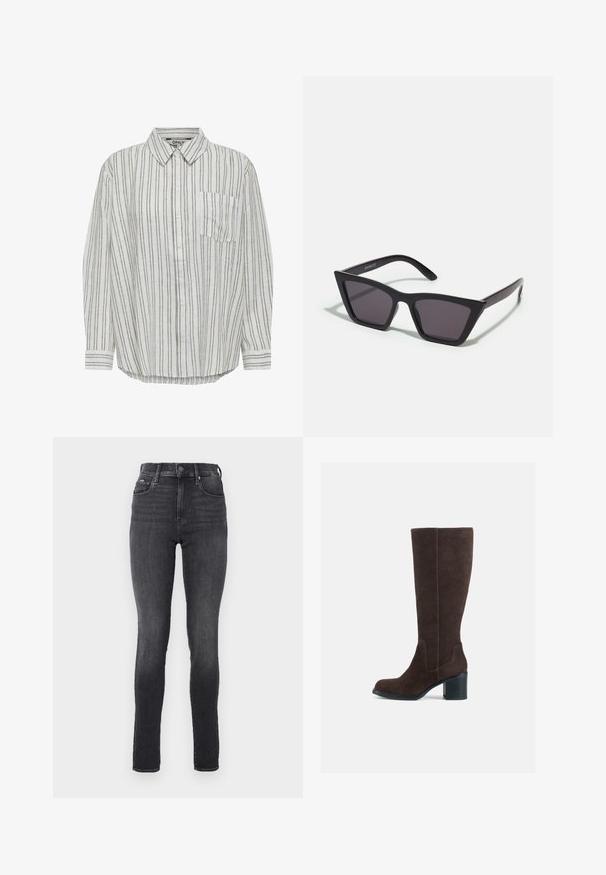Witte en grijs gestreepte button-up overhemd, met een kraag, één borstzak en lange mouwen met manchet. Zacht, lichtgewicht stof.; Hoge taille skinny jeans in donkergrijs denim, met een gladde textuur, voorzien van voorzakken en een metalen knoopsluiting bij de tailleband.; Bruine suède kniehoge laarzen met een blokhak en een gladde afwerking. Ronde neus en duidelijke naden op de schacht.; Zwarte, hoekige zonnebril met grijze lenzen; gemaakt van plastic, met dikke armen met een gladde oppervlakte en zonder zichtbare hardware.; Zilveren creolen met een gedraaide ontwerp, voorzien van een gepolijste afwerking en een post-back sluiting. Meet ongeveer 3 cm in diameter.