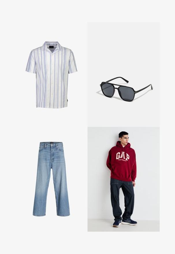 Camicetta a maniche corte con bottoni in bianco e blu chiaro a strisce verticali. Realizzata in tessuto leggero con colletto classico e cinque bottoni.; Jeans blu chiaro a gamba larga realizzati in denim, con vita alta, classico design a cinque tasche e chiusura a bottone con zip.; Felpa bordeaux con "GAP" e "TIMES SQUARE" stampati in crema, abbinata a pantaloni a righe blu scuro e sneakers blu scuro con dettagli bianchi.; Occhiali da sole neri con montatura ottagonale, lenti scure, finitura lucida, aste sottili e dettagli dorati sul davanti.