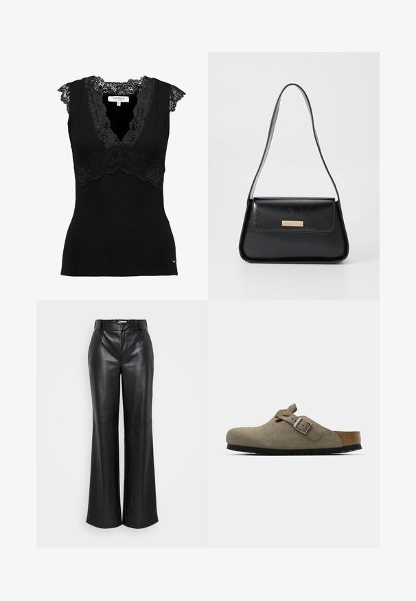 Svart linne med spetsdetaljer längs halsringningen och axlarna, med en åtsittande design och v-ringning. Mjuk textur.; ONLY Tall ONLSMOOTH WIDE - Tygbyxor - black; Mockasiner i mocka i ljus olivgrön med en formad kork- och gummisula. Har ett sidclicked band med en metallspänne och en rundad tå.; Svart läderhandväska med en strukturerad triangulär form, smal rem och detaljer i guldton med en logotavla på framsidan av locket.; Guldörhängen i form av ringar med en texturerad, oregelbunden form. Har en sömlös stängning och en polerad yta som betonar en modern design.