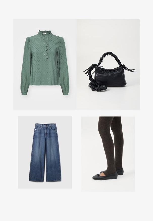 Zöld blúz hosszú ujjal, fodros gallérral és gombos zárással. A texturált anyagon kis távolságra elhelyezkedő pöttyök találhatók. Szűkített mandzsetták az ujjak végén.; Széles lábú kék farmernadrág elhalványodott felülettel, gombos és cipzáras záródással, öt zsebbel és övhurkokkal.; Fekete lapos cipők kis masni díszítéssel az orrán, sötétbarna bordázott harisnyával párosítva. A cipők sima textúrával és alacsony profilúak.; Fekete műbőr kézi táska krokodil bőr textúrával, összehúzható tetejű és gyűrt pánttal. Lágy és kompakt dizájnúnak tűnik.