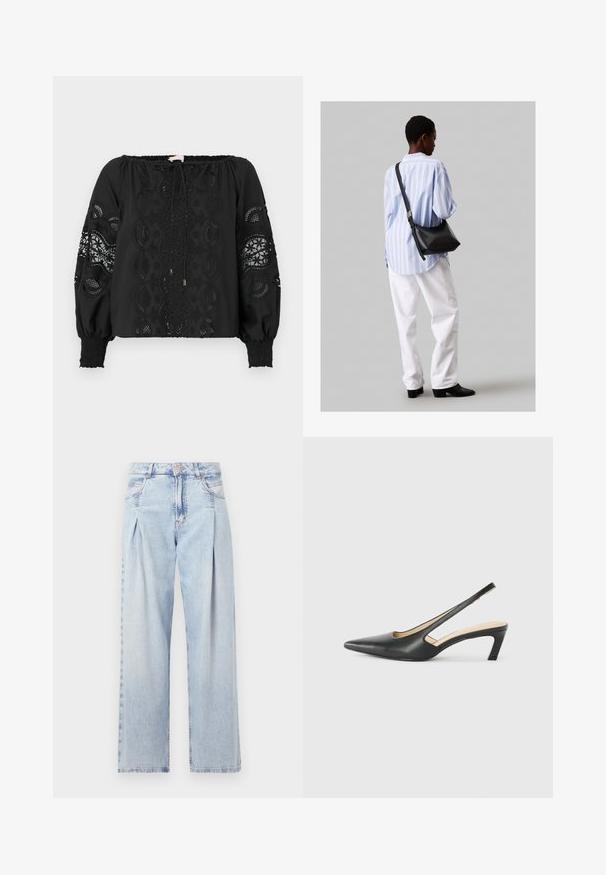 Blusa nera off-the-shoulder con dettagli in pizzo, polsini smock e coulisse. Caratterizzata da intricati motivi ricamati sulle maniche.; Jeans in denim azzurro chiaro con vita alta, taglio a gamba larga, due tasche laterali e design plissettato. Texture morbida con una finitura sbiadita.; Scarpa slingback nera con punta affilata e tacco basso, realizzata in pelle liscia e con un design a taglio laterale per favorire la traspirabilità.; Borsa a tracolla in pelle nera con una texture morbida, forma triangolare e tracolla regolabile, abbinata a una camicia a righe blu chiaro e pantaloni bianchi.