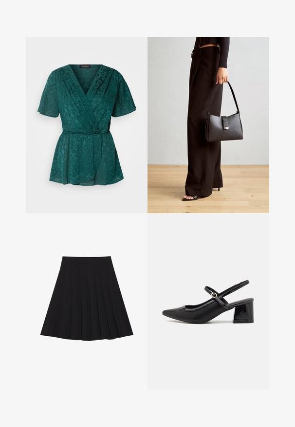 Teal, lett og lett omslagstopp med korte ermer, med blomstermønster, V-hals og en knyteliv på midjen.; Svart plisserte skjørt laget av teksturert stoff med en tettsittende linning. Går til knelengde, med en glatt, ren silhuett.; Sorte lakk lær slingback hæler med spiss tå, et avrundet utskjæringsdesign og blokkheel. Har en gulltone spenne som detalj.; Svart håndveske med strukturert form, jevn tekstur og metallisk lås. Kombinert med brede svarte bukser og sandaler med åpen tå på tregulv.