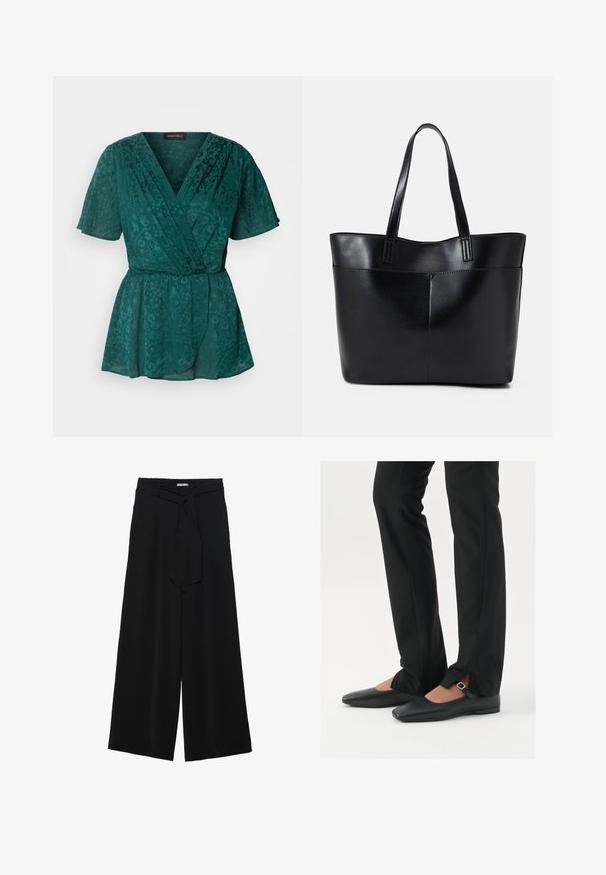 Teal krāsas gaisīgs apakšsvārks ar īsām piedurknēm, ar ziedu rakstu, V veida dekoltē un saitētiem jostas galiem.; Melni platleņķa bikses ar teksturētu audumu, elastīgu jostu un noņemamu siksnu viduklī, kas nodrošina regulējamu piegulšanu.; Melni ādas baleta zābaki ar smailo purngalu, siksniņa ar sudraba sprādzi, kombinēti ar melniem tailētiem biksēm ar šķēluma apakšdaļu.; Melnas ādas iepirkumu soma ar divām garām rokturām, gludu tekstūru un strukturētu formu. Iekļauj priekšējo kabatu papildu uzglabāšanai.