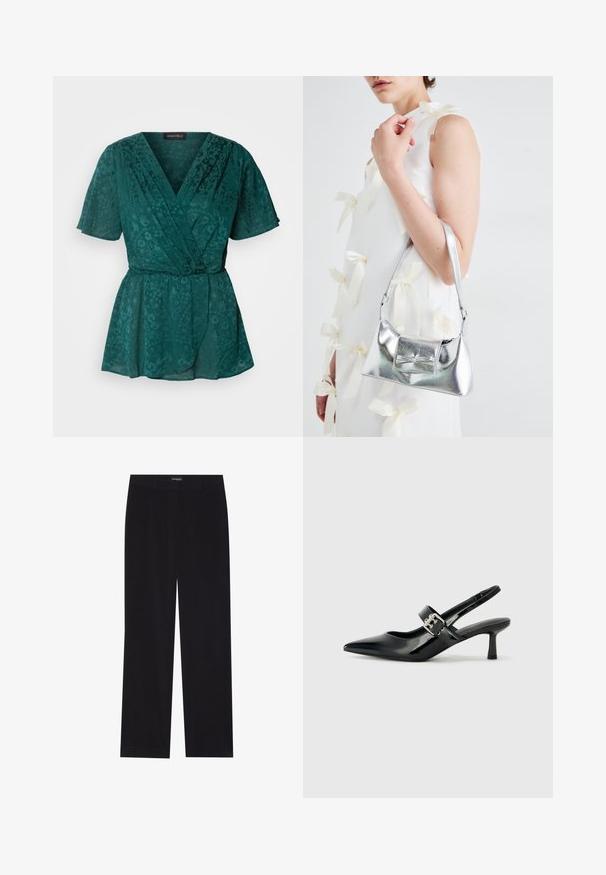 Tyrkysová, ľahká blúzka s krátkymi rukávmi, s kvetinovými vzormi, véčkovým výstrihom a viazacím pásom v oblasti pása.; Čierne kordové nohavice so rovný strihom, s plochým pásom a bez viditeľných vreciek, hladkou textúrou a podrobnosťou vertikálneho ryhovania.; Čierne patentové kožené sandále na podpätku so špicatou špičkou a malým blokovým podpätkom, s dekoratívnou striebornou sponou na remienku.; Strieborná metalická kabelka so štruktúrovaným tvarom, ktorá má hornú rukoväť a mašľu na prednej strane. Hladká textúra, reflexný povrch.
