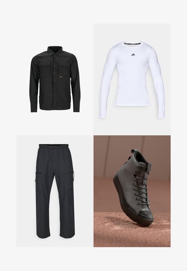 Mustahi shati mweusi wenye mikono mirefu uliofanywa kwa kitambaa chepesi, una mifuko miwili ya kifua, kufunga kwa namba, na muonekano wenye muundo kwenye uso.; Valkoinen pitkähihainen urheilupaita joustavasta kankaasta, jossa on pyöreä kaula-aukko ja musta Adidas-logo rinnassa.; Mustat cargo-housut, joissa on elastinen vyötärö, kaksi vetoketjullista taskua ja kevyt, sileä kangas.; Korkean varren tennarit harmaasta nahasta, jossa on teksturoitu pintakuvio, musta kuminen varvaskuppi ja harmaat nauhat. Sukahanke kantapäässä.