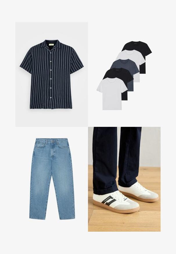 Korte mouw, knoopshirt in donker marineblauw met verticaal witte strepen. Zachte stof, normale kraag en subtiele textuurafwerking.; Set van vijf t-shirts in zwart, wit en marineblauw. Katoenen stof, korte mouwen, ronde halsontwerp en een effen textuur zonder patronen.; Lichtblauwe denim wijde jeans met een hoge taille, voorzien van vijf zakken, riemlusjes en een zachte, licht vervaagde textuur.; Witte en grijze sneakers met zwarte strepen, gemaakt van leer, met een rubberen zool en platte veters. Draagt ze met marineblauwe broek op een houten vloer.