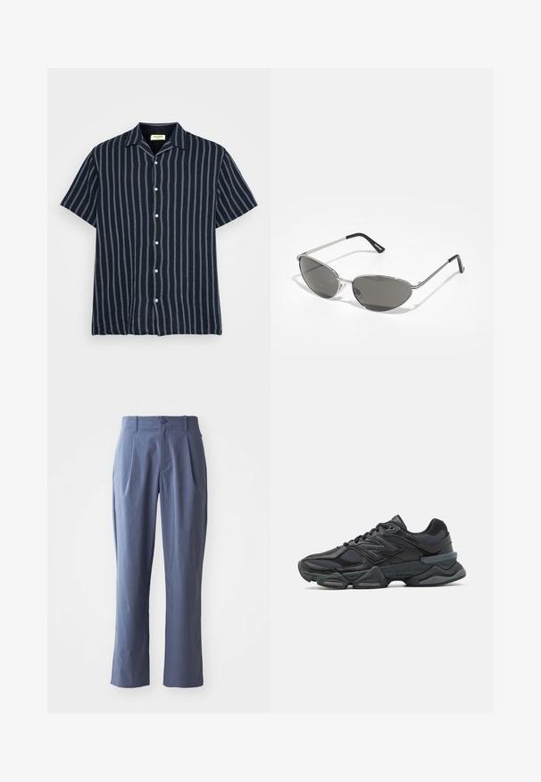 Cămașă cu mâneci scurte, cu nasturi, de culoare bleumarin închis, cu dungi verticale albe. Material moale, guler clasic și un finisaj ușor texturat.; Pantaloni bleu marin cu pliuri, croi drept, realizați dintr-un material ușor, având un singur nasture în față și bucăți pentru curea.; Pantofari de alergare negri, cu un amestec de plasă și materiale sintetice, talpă masivă, design curbat și branding proeminent pe lateral.; Ochelari de soare cu un cadru metalic argintiu, lentile nuanțate de gri și un design aerodinamic, cu colțuri ascuțite și brațe subțiri.