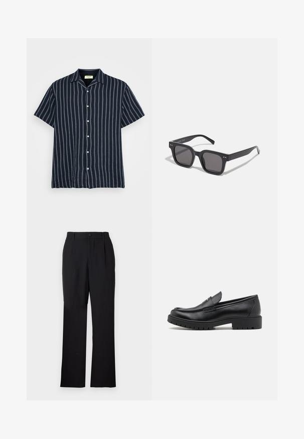 Korte mouw, knoopshirt in donker marineblauw met verticaal witte strepen. Zachte stof, normale kraag en subtiele textuurafwerking.; Only & Sons ONSJEREMY LOOSE PANT - Broek - black; Zwarte leren instappers met een ronde neus, slip-on ontwerp en dikke rubberen zool met een gestructureerde grip. Verhoogde hak en subtiele stikdetails.; Zwarte rechthoekige zonnebril met donkere lenzen, voorzien van een dik montuur, subtiele accenten aan de zijkanten en zonder zichtbare logo's behalve de merknaam.; Casio quartz polshorloge met een zwarte wijzerplaat, zilveren roestvrijstalen band, grote witte en rode cijfers, en waterdicht tot 200 meter.