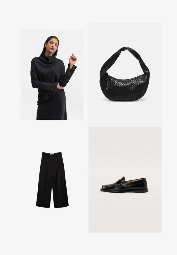 Mustassa hupparinokka-paita, jossa on pitkät hihat, sileä pinta ja rento istuvuus. Ominaisuuksiin kuuluu hienovarainen valu sekä kerrostettu hihansuu.; Mustat leveät housut, joissa on korkeavyötärö, poimutettu etuosa ja nappisulku. Valmistettu sileästä kankaasta, jossa on räätälöity muotoilu.; Mustat nahkaiset loaferit pyöreällä varpaalla, koristeellisella tikkausompelulla ja tasaisella pohjalla. Sileä pinta ja minimalistinen muotoilu.; Mustan kudottu nahkalaukku, jossa on kaareva muotoilu, paksu kahva ja vetoketjusulku. Teksturoitu pinta, jossa on kiiltävä vi viimeistely.