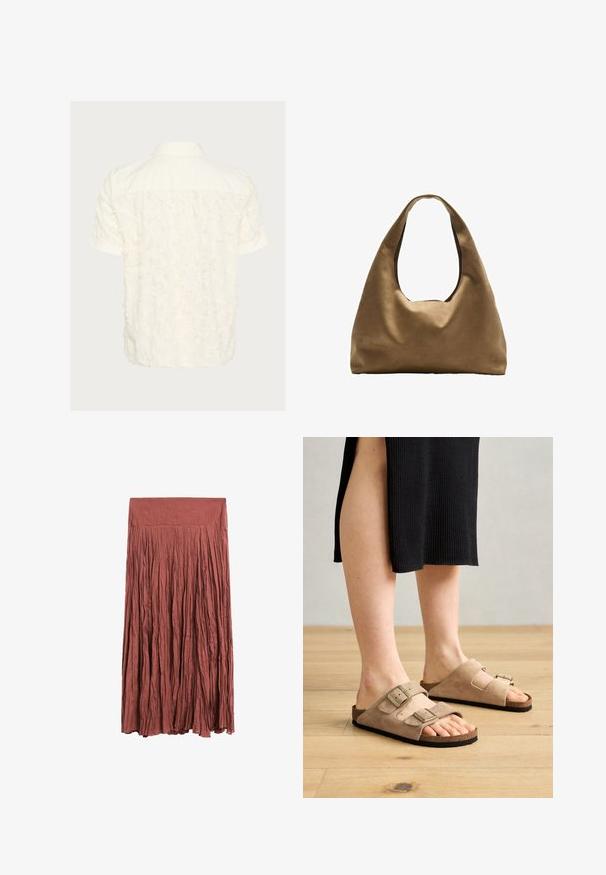 Kurzarmhemd in Off-White mit einem strukturierten, ausgefransten Muster auf der Rückseite, klassischem Kragen und Knopfverschluss.; Rostfarbener, langer, plissierter Rock aus leichtem Stoff. Verfügt über einen glatten Taillenbund und eine vertikale Struktur im gesamten Rock.; Beige Wildleder-Sandalen mit zwei verstellbaren Riemen, Korkfußbett und Gummisohlen, die an Füßen vor einem Holzfu Hintergrund präsentiert werden.; Braune Stoffschultertasche mit einem breiten, runden Körper und einem großen Ausschnittgriff. Sanfte Textur, minimalistisches Design und keine sichtbaren Beschläge.
