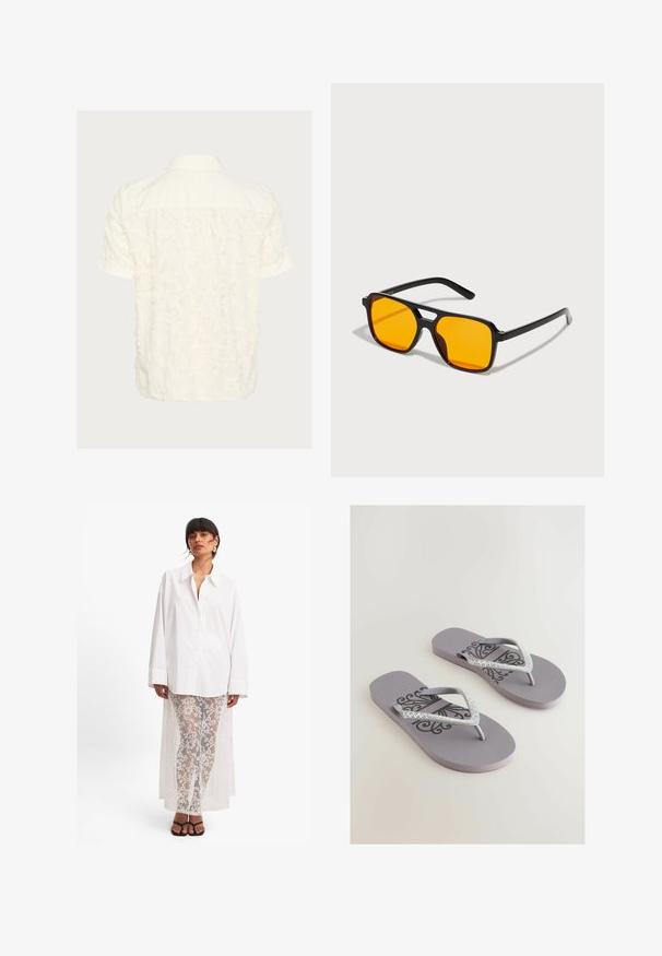 Short-sleeve shirt in off-white, featuring a textured, frayed pattern across the back, with a classic collar and button closure.; White button-up shirt with long sleeves, paired with sheer white lace trousers featuring a floral pattern and a long back drape. Black sandals.; Gray flip-flops with a textured footbed, featuring a decorative black pattern and sparkling rhinestone-accented straps in a V-shape design.; Black rectangular sunglasses with bold orange lenses. Features a unique bridge design and sleek arms, crafted from lightweight material.