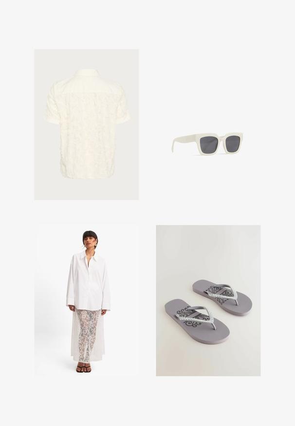 Camisa de manga corta en color blanco roto, con un patrón texturizado y desflecado en la parte posterior, con un collar clásico y cierre de botones.; Camisa blanca de botones con mangas largas, combinada con pantalones de encaje blanco transparente que presentan un patrón floral y una caída larga en la parte posterior. Sandalias negras.; Chanclas grises con una plantilla texturizada, que presentan un patrón decorativo negro y correas en forma de V adornadas con brillantes de imitación.; Gafas de sol de plástico blanco con lentes grises. Forma de marco cuadrado. Presenta un sutil diseño de marca en el brazo. Textura suave con acabado mate.