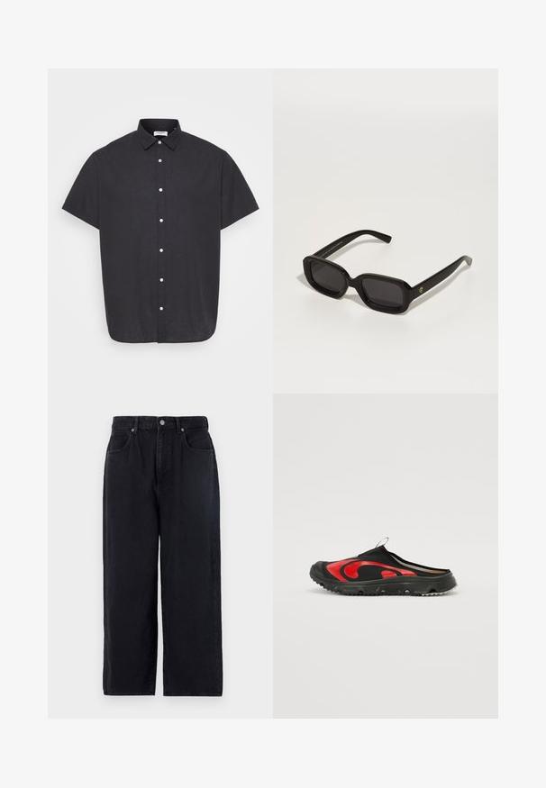 Chemise noire à manches courtes, boutonnée, en tissu léger, dotée d'un col classique et de boutons blancs sur le devant.; Chandail henley noir à manches longues avec une texture côtelée, trois boutons au col et un ourlet droit. Fabriqué en tissu doux.; Pantalons en denim noir avec une coupe droite, comportant cinq poches, une fermeture à bouton et une finition soignée. Tissu durable à texture mate.; Chaussure noire à enfiler avec un motif courbé rouge audacieux, un matériau supérieur texturé et une semelle en caoutchouc épaisse et adhérente offrant une bonne traction.; Lunettes de soleil noires rectangulaires avec des montures épaisses, des verres foncés et un détail de logo doré sur la branche, dotées d'une finition lisse et brillante.