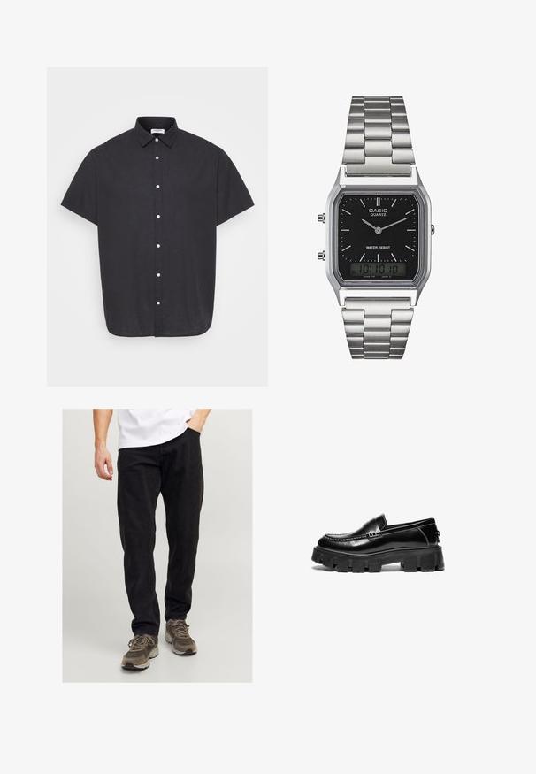 Fél-hosszú ujjú fekete gombos ing, könnyű anyagból készült, klasszikus gallérral és fehér gombokkal az elején.; Fekete pamut nadrág laza szabással és enyhe rugalmassággal. Klasszikus öt zsebes designnal és diszkrét textúrával rendelkezik, szürke sportcipővel viselve.; Fekete bőr loafer cipők masszív, gumis talppal, díszcsíkkal a felsőrészen és kontrasztos fehér varrással. Simább felület, lekerekített orral.; Ezüst rozsdamentes acél kvarcóra fekete, téglalap alakú számlappal, analóg mutatókkal, digitális kijelzővel és vízállósági jelöléssel.